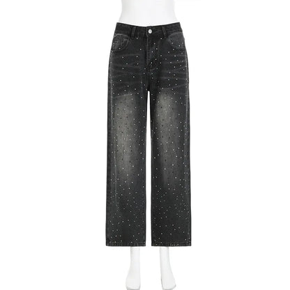 BKQU Straight Baggy Jeans Women High Waist Wide Leg Rhinestones Denim Long Pants 2023 Fashion Streetwear Diamonds Shinny Trouser