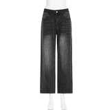 BKQU - Pantalones vaqueros rectos y holgados para mujer, cintura alta, pierna ancha, con diamantes de imitación, largos, moda urbana 2021, pantalones brillantes con diamantes