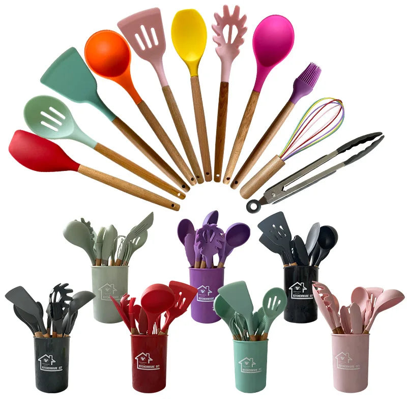 12PCS Silicone Non-Stick Cookware Kitchen Utensils Set for Kitchen Wooden Handle Spatula Egg Beaters Kitchenware Accessories