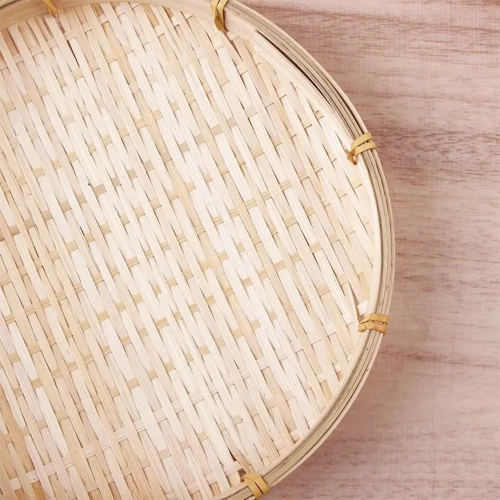 Handmade Woven Woven Bamboo Tray Bamboo Round Bamboo Woven Basket Decorative Serving Tray Living room