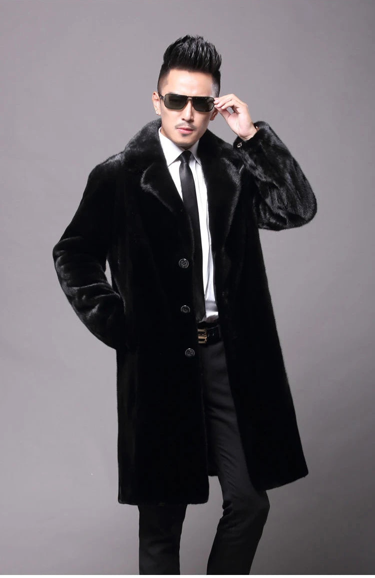 Abrigo largo de piel de visón cálido de invierno para hombre, chaqueta gruesa, cortavientos informal holgado