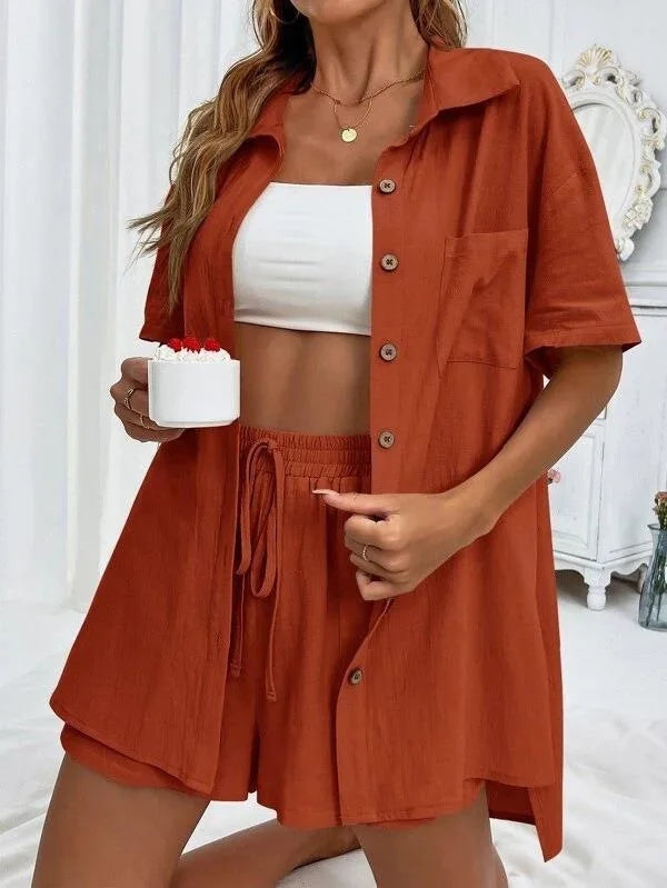 2 Pieces Women Sets Summer Solid Color Short Sleeve Open Stitch Button Blouse+Shorts Casual Women's Set Clothing