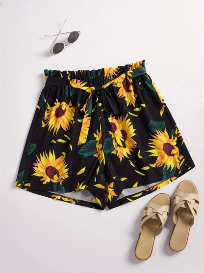 Pantalones cortos anchos con estampado de girasoles de talla grande, pantalones cortos casuales con cintura elástica para primavera y verano, ropa de talla grande para mujer.