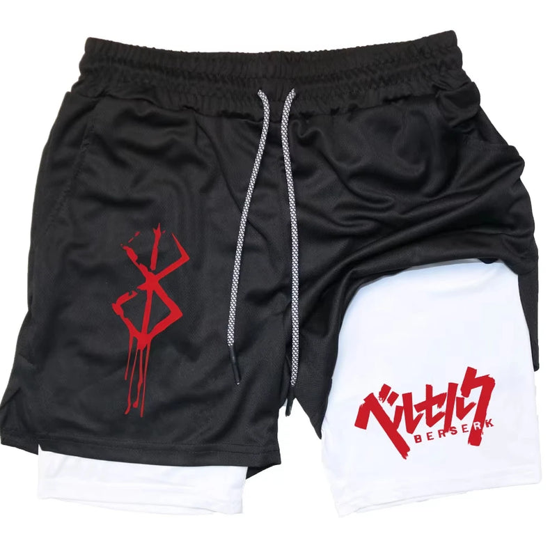 Anime Berserk Performance Shorts Men 2 in 1 Running Compression Shorts Training Yoga Gym Sportswear Workout Shorts with Pockets