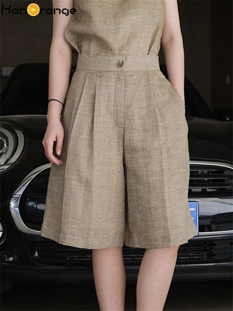 HanOrange 2024 Summer Lazy Linen Casual Knee Length Pants Women Loose Thin Anti-transparent A-line Profile Five Cents Trousers