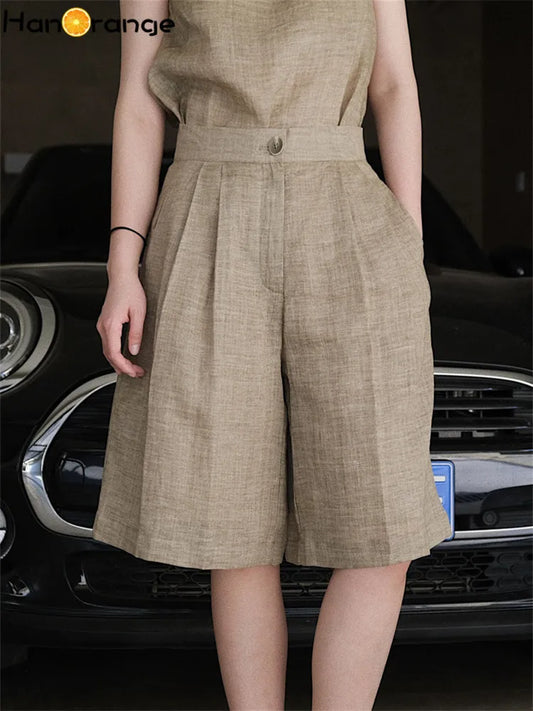 HanOrange 2024 Summer Lazy Linen Casual Knee Length Pants Women Loose Thin Anti-transparent A-line Profile Five Cents Trousers