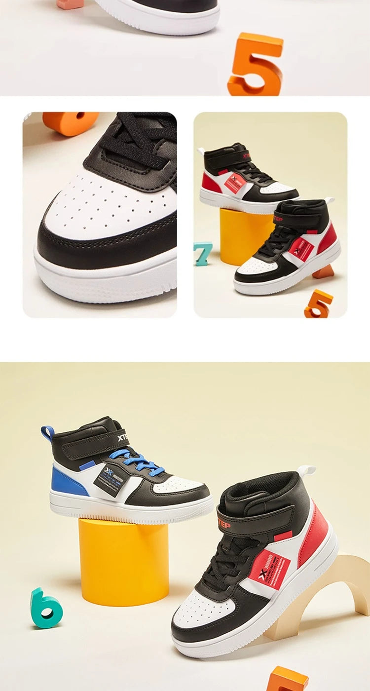 Xtep Kid's Skateboarding Shoes 2025 Spring Unisex Leather Fashion Casual Running Comfortable High-top Sneakers 676316319305
