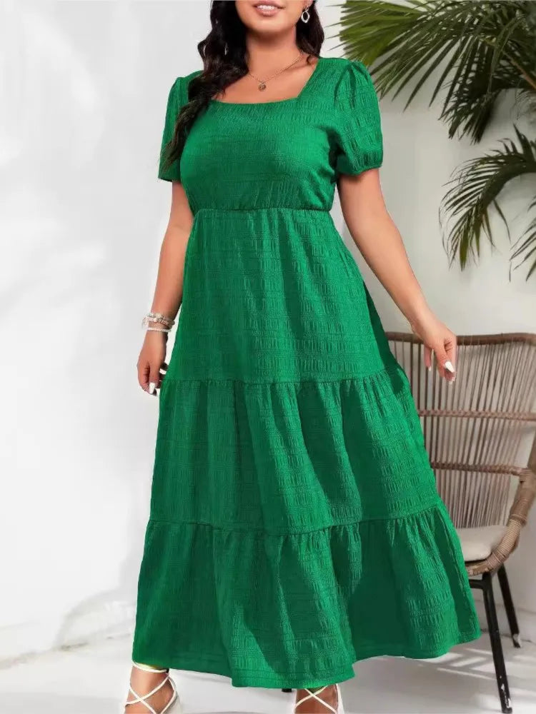 Plus size verão vestido longo feminino gola quadrada moda magro cintura alta senhoras vestidos plissado solto vestido de mulher