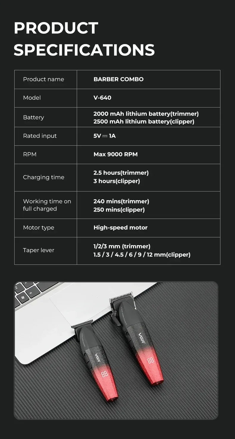 VGR Hair Trimmer Professional Hair Clippers Adjustable Hair Cutting Machine 9000 RPM Cordless Clippers and Trimmers Set V-640 S3