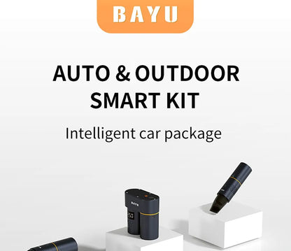 Kit inteligente para exteriores BAYU Auto (batería externa de 19200 mAh, inflador de neumáticos, aspiradora, lavaparabrisas, linterna y soporte para teléfono móvil)