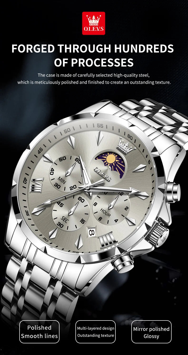 OLEVS 3653 Mens Watch Quartz Watch Multifunctional Chronograph Watch For Men 30M Waterproof Luminous Moon Phase Box Original