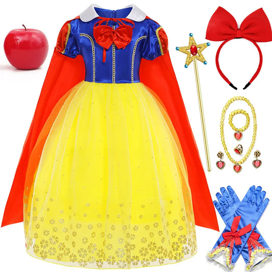 Girl Cosplay Snow White Pricess Dress Yellow Luxury Lace Costume With Cloak Holiday Birthday Party Apple Accessories 2-10Y