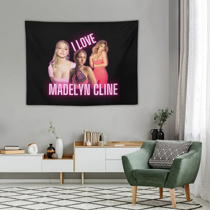 I Love Madelyn Cline Cursed Fan Collage Neon Pink Effect Tapestry House Decor Wall Decoration Wall Hanging Wall Tapestry