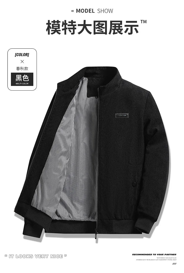 2024 Men's Casual Warm Jacket Spring Autumn Solid Color Stand Bomber Coat Men Corduroy Outwear Fashion Zipper Slim Jacket Men