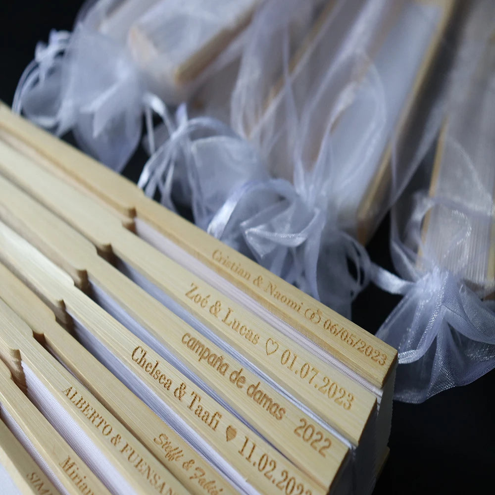 24 /70pcs  Personalized Engraved White Folding Elegant Silk Hand Fan with Gift bag Wedding & Party
