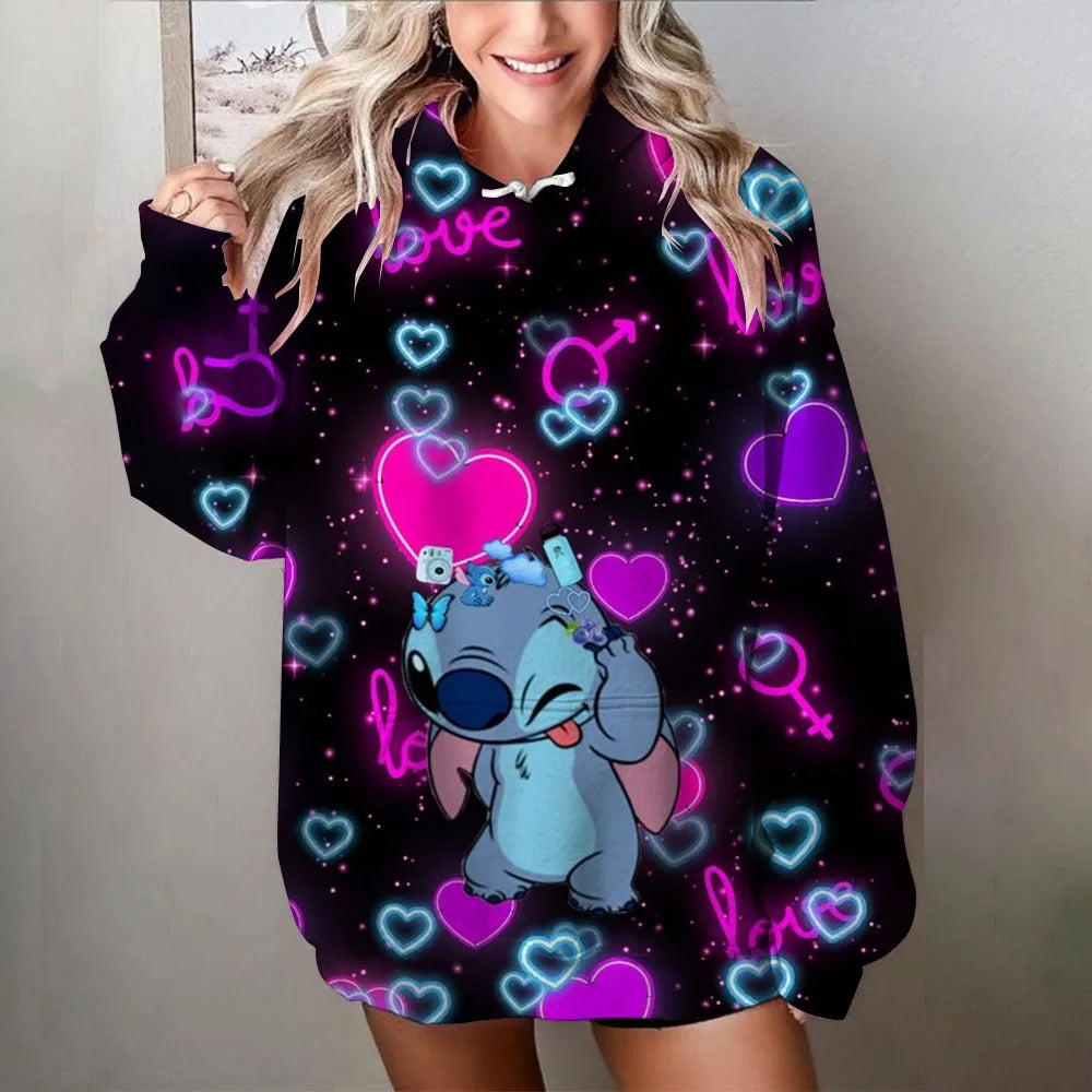 Disney stitch impressão dos desenhos animados camisola com capuz jaqueta roupas com capuz design oversize sentimento solto e confortável