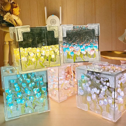 2025 DIY Tulip Sea Rubik's Cube Mirror Night Light Car Decoration Materials Handmade Birthday Gifts for Friends and Colleagues