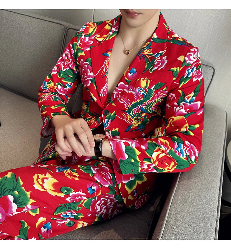 Men Suit 2 Piece Fashion Party Mens Vintage Print Big flower in northeast China Suits Jacket Pants Men Sets
