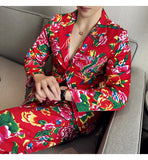 Men Suit 2 Piece Fashion Party Mens Vintage Print Big flower in northeast China Suits Jacket Pants Men Sets