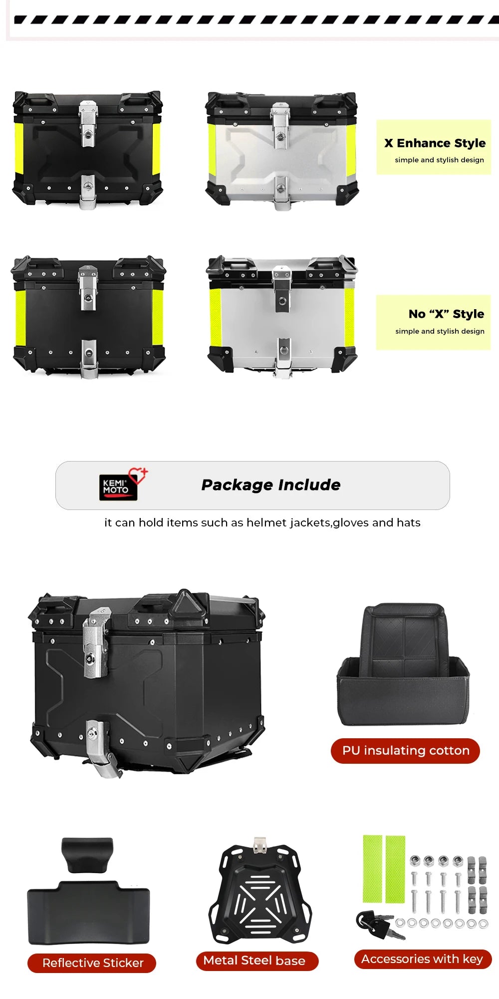 KEMIMOTO 45L/55L/65L Motorcycle Aluminum Case Tail Box Trunk with backrest Universal Top Tail Rear Luggage Tool Storage Box