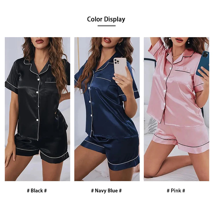 Conjunto de pijama de satén de seda para mujer, conjunto de pijama de dos piezas, ropa de dormir, pijama con botones, pijama de mujer de 2 piezas, conjunto de pantalones cortos para estar en casa