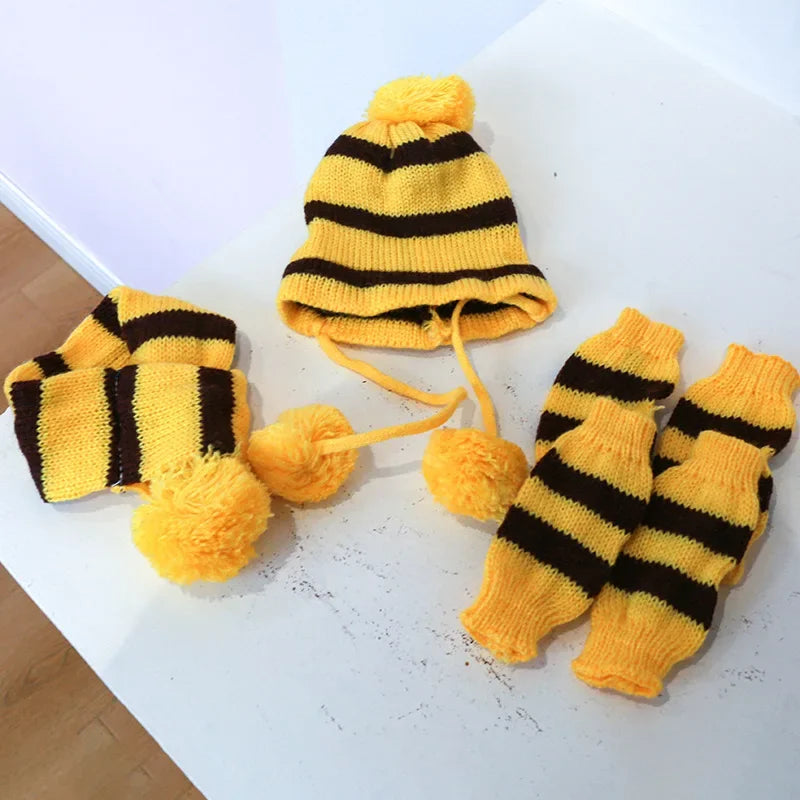 Dog Winter Wear 1 Set(hat+scarf+leg Warmers) Rainbow Stripe Knitted Dog Scarf Winter Warm Hat Footwear Sloves Pet Clothes