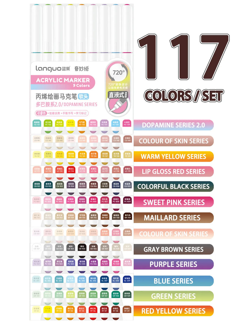 Languo 9pcs/box Soft Brush Acrylic Marker Pen Set，DIY Hand Drawn,Paint Art Markers pens,Student Graffiti Acrylic Paint Pens,M720