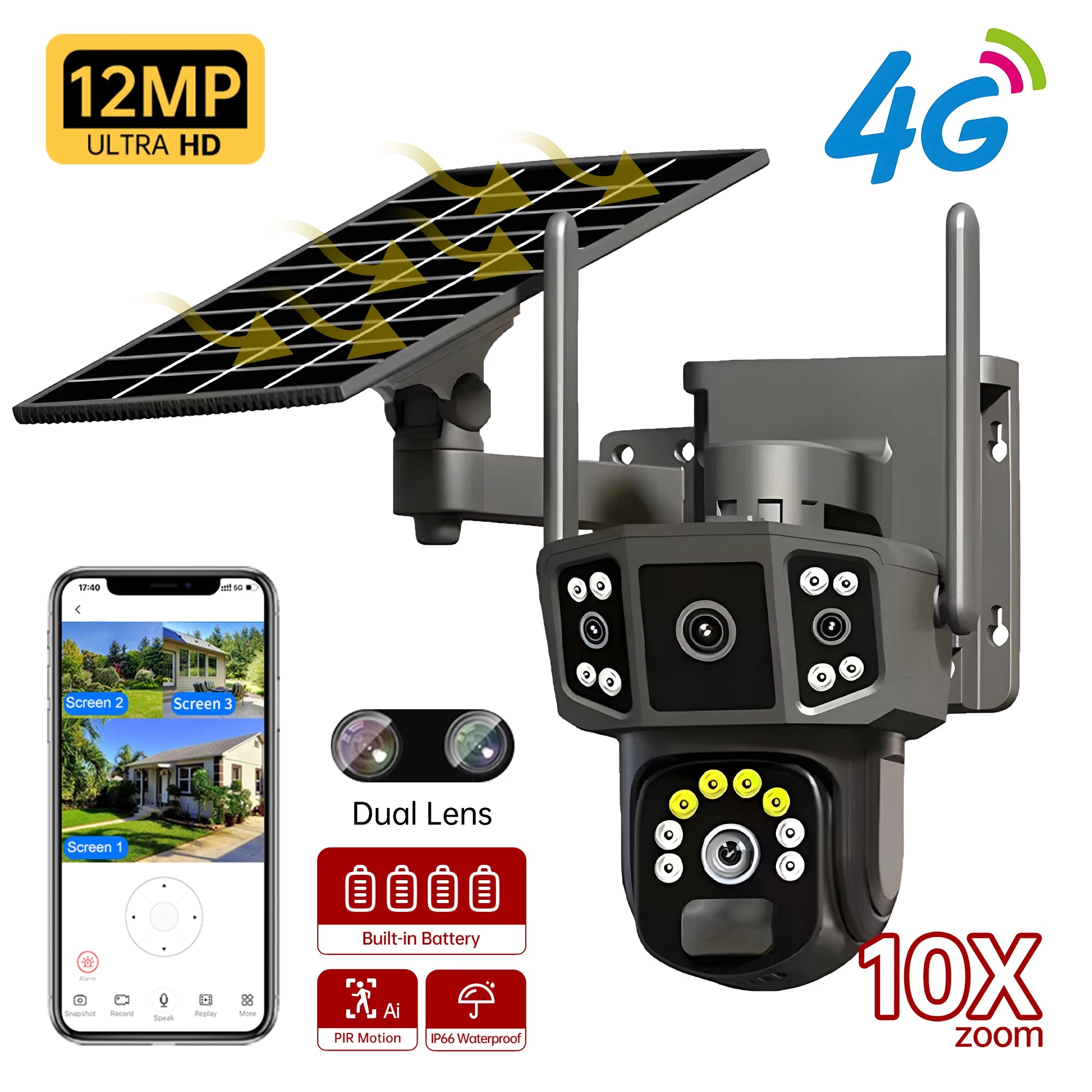 V380 Pro 10X 4K Dual Lens Outdoor Security Network Camera Wireless Wi-Fi Solar CCTV, 4G SIM Solar Cameras