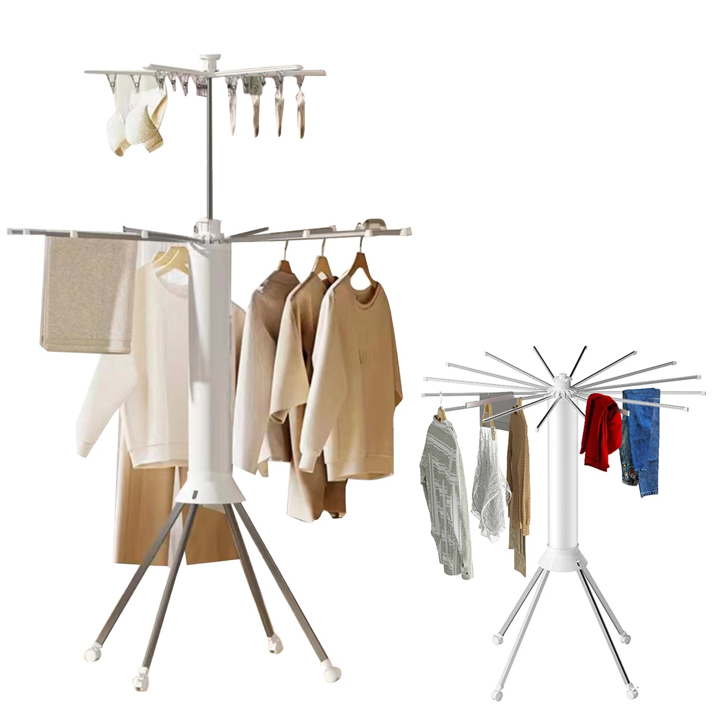 1/2 Layer Foldable Cylinder Drying Rack with Wheels Octopus Retractable clothes Drying Rack with 16 Clothes Drying Rod and Clips