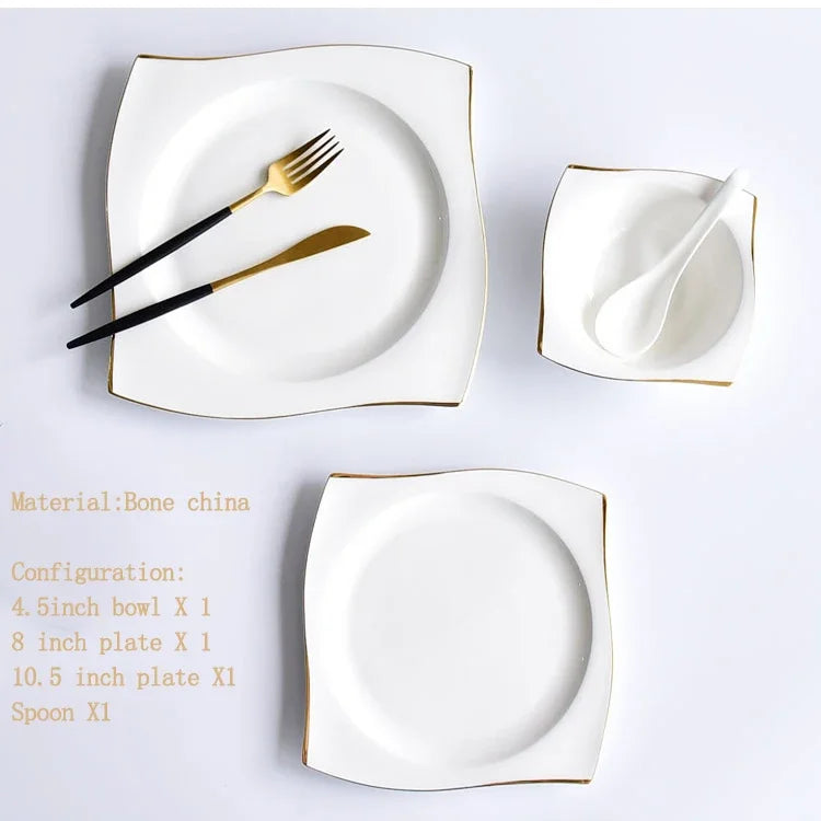 Ceramic Square Plates and Bowl Set Dinner Set Plates and Dishes Bone Porcelain Tableware Phnom Penh Cutlery Kitchen Accessories