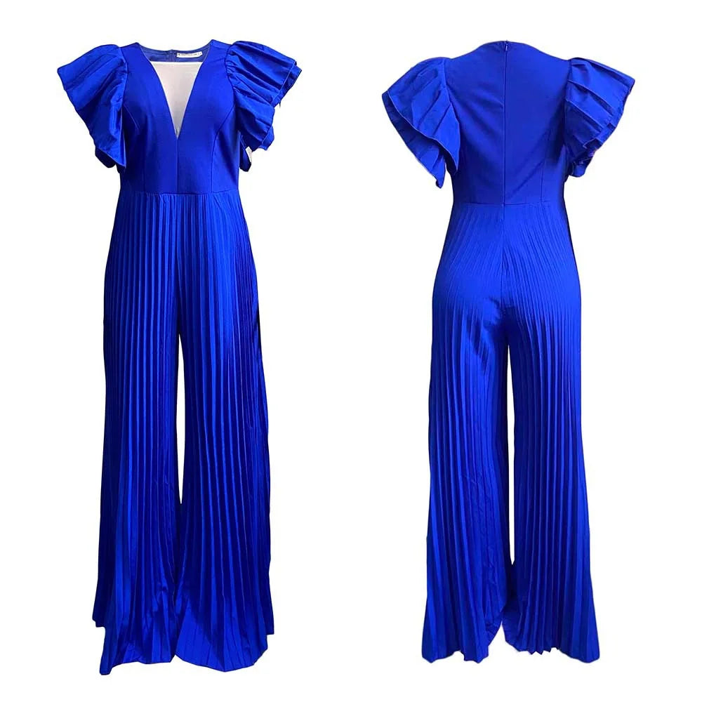 Elegant Pleated Jumpsuits & Rompers for Women V Neck Ruffles High Waisted Loose Floor Length Luxury Female Birthday Party Romper