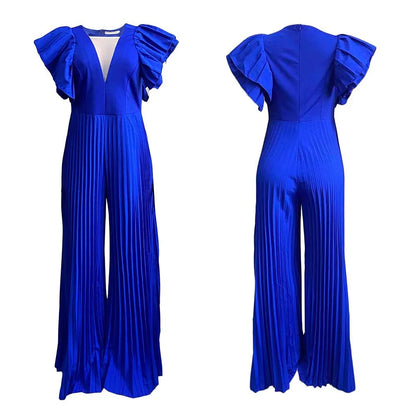 Elegant Pleated Jumpsuits & Rompers for Women V Neck Ruffles High Waisted Loose Floor Length Luxury Female Birthday Party Romper