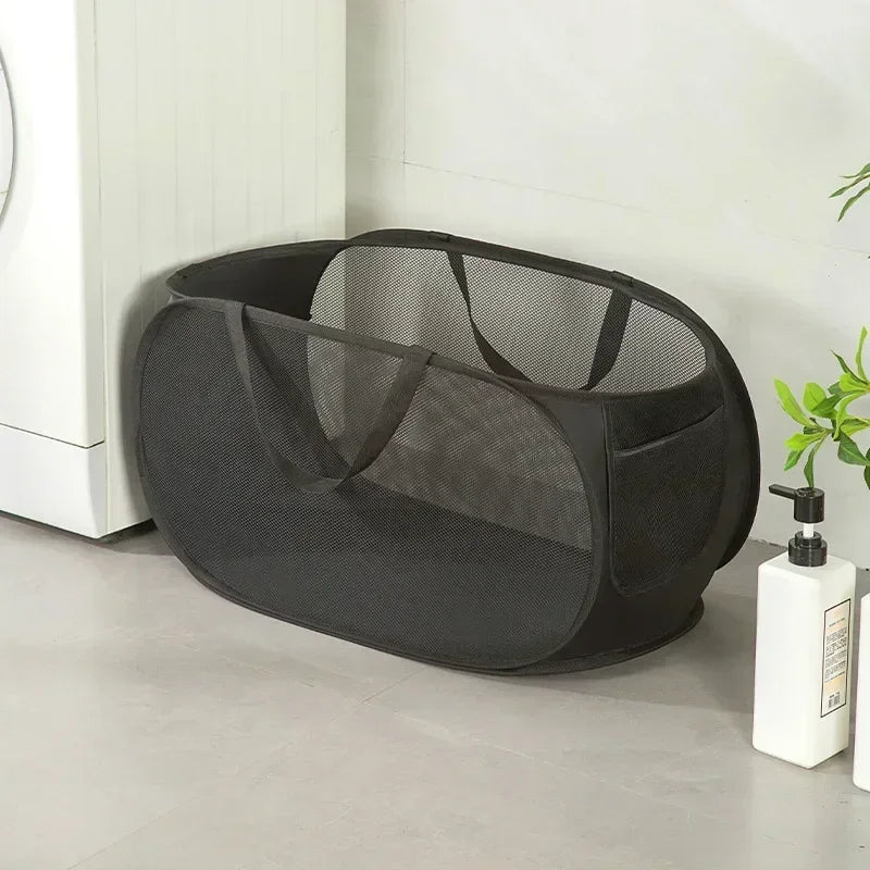 Durable Collapsible Laundry Basket, Mesh Pop Up Laundry Hamper With Side Pocket, Foldable Clothes Storage Hamper With Reinforced