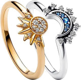Moda criativa sol e lua azul anel feminino conjunto de dois simples na moda zircônia cúbica anéis de noivado jóias acessórios