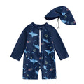 0-5Years Kids Boy Rash Guard Swimsuits Shark Print Long Sleeve Half Zip-up Bathing Suit with Sun Hat 2 Pcs Swimwear for Toddler