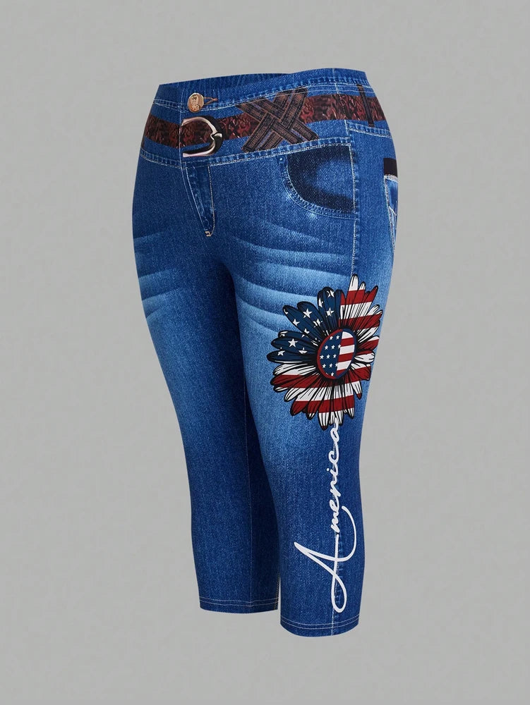 Conjunto plus size de 2 peças plus size, blusa com estampa floral de manga curta com gola redonda e calças jeans casuais com bolsos e cinto