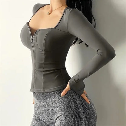 Sexy Slim Fit Long Sleeve Sports Jacket With Chest Pad Women's Yoga Running Fitness Top For Autumn Nike Airbag Training Shoes