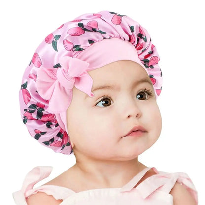 Kids Satin Bonnet Sleep Hat Silk Shower Cap for Child Hair Beanie At Night Boy Girls Flower Printed Silk Sleep Cap with Band Bow
