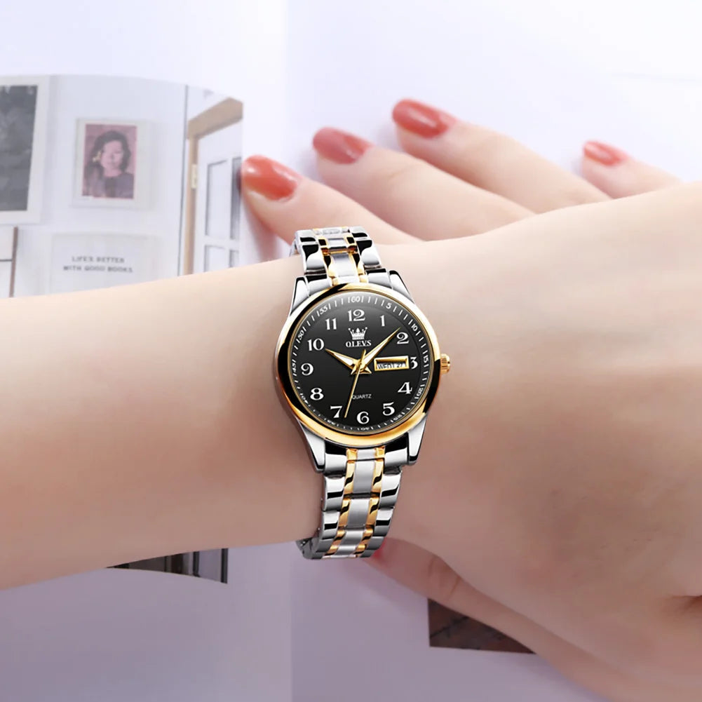 Relogio feminino de luxo bicolor aço inoxidavel e calendario duplo