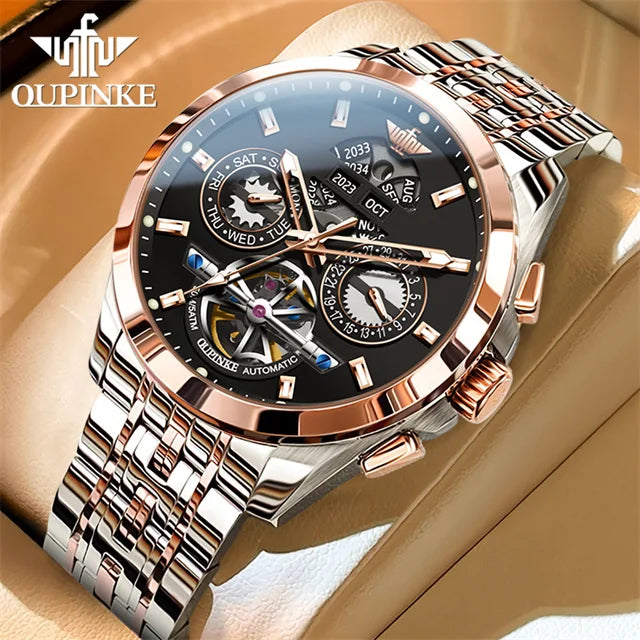 OUPINKE 3251 Skeleton Flywheel Automatic Watch for Men Stainless Steel Waterproof Wristwatch Luxury Sapphire Mirror Men's Watch