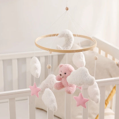 Baby Crib Mobile Rattle Toy Wooden Bed Bell Mobile Hanging Teddy Velvet Bear Doll Toy Newborn Music Box Crib Mobile Bracket Gift