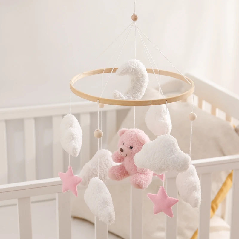 Baby Crib Mobile Rattle Toy Wooden Bed Bell Mobile Hanging Teddy Velvet Bear Doll Toy Newborn Music Box Crib Mobile Bracket Gift