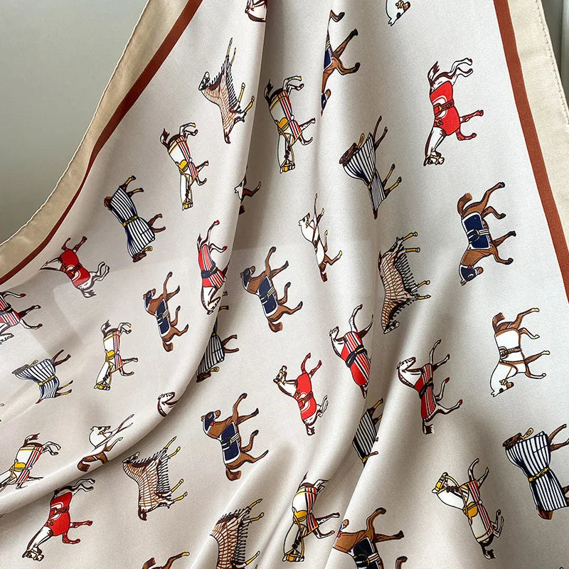 2024 Horse Print Female Silk Neck Scarf Square Hair Scarves Foulard Head Band Shawls Wraps Neckerchief Bandana Women