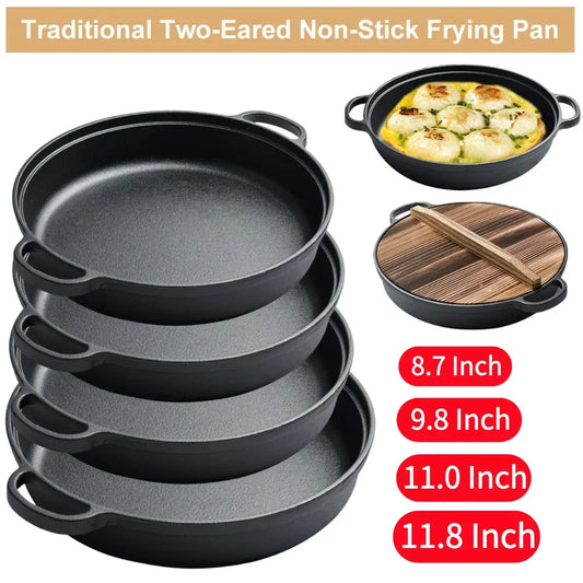 8.7/9.8/11/11.8inch Cast Iron Skillet with Double Handles Frying Pan Baking Tray for Bread Baking Outdoor Cooking Camping