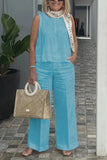 Plus-size women's casual fashion solid color sleeveless loose cotton linen suit plus-size women's clothing