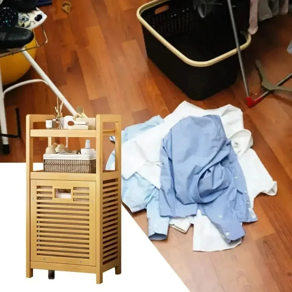 Laundry Hamper Bathroom Rack High-capacity Bamboo Laundry Baskets With Shelf With Tilt Out Basket Wooden Storage Hamper Racks