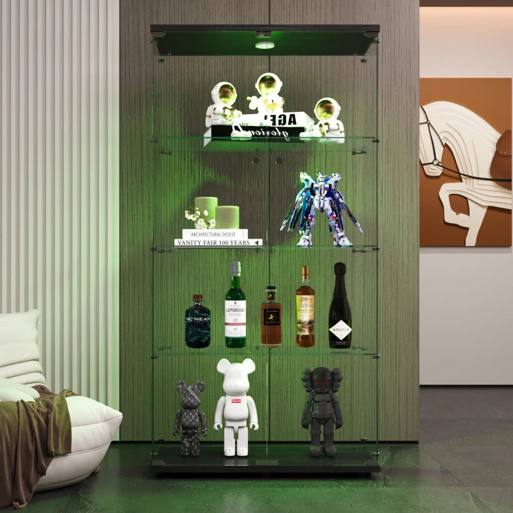 Anajqaqia Glass Display Cabinet with LED Light, with 4 Shelves 2 Doors, 80.49x36.49x163.9cm, Black