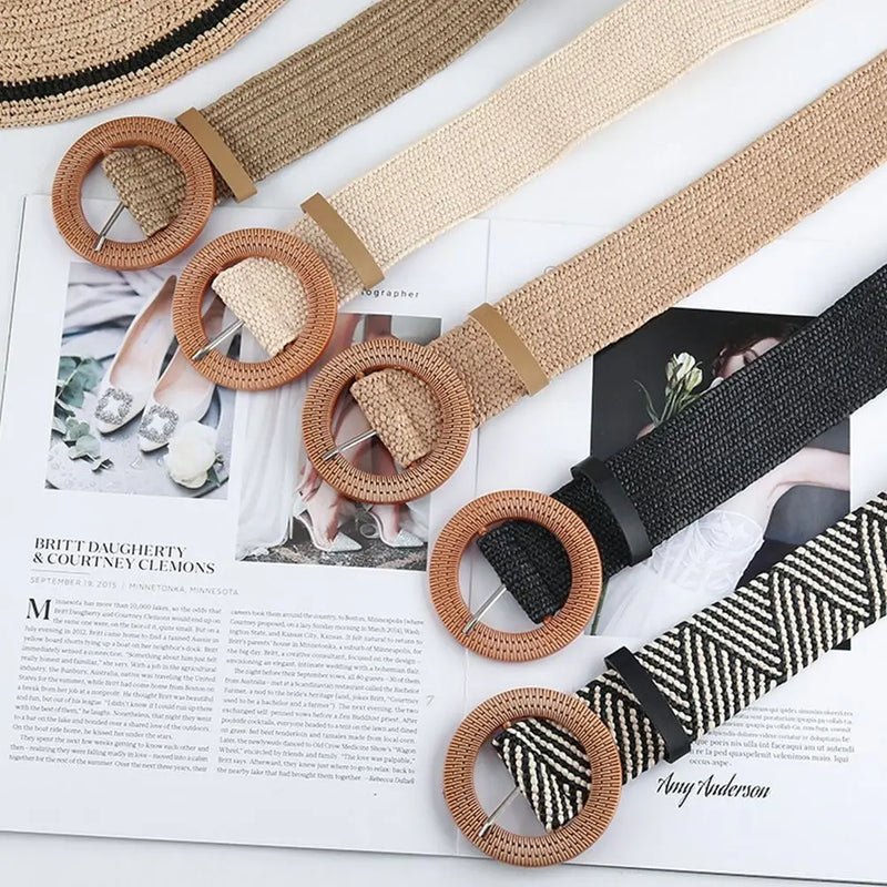 Summer Fashion Women Straw Belt Casual Bohemian Wide Summer Braided Waistbelt  Buckle Elastic Female Straw Waist Belt