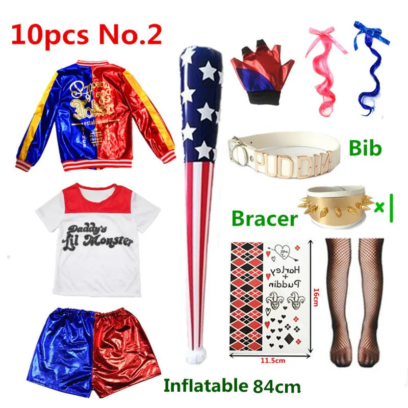 Harley Costumes Cosplay Suicide Harleen Quinzel Kids Girls Quinn Squad T Shirt Joker Jacket Halloween Costume