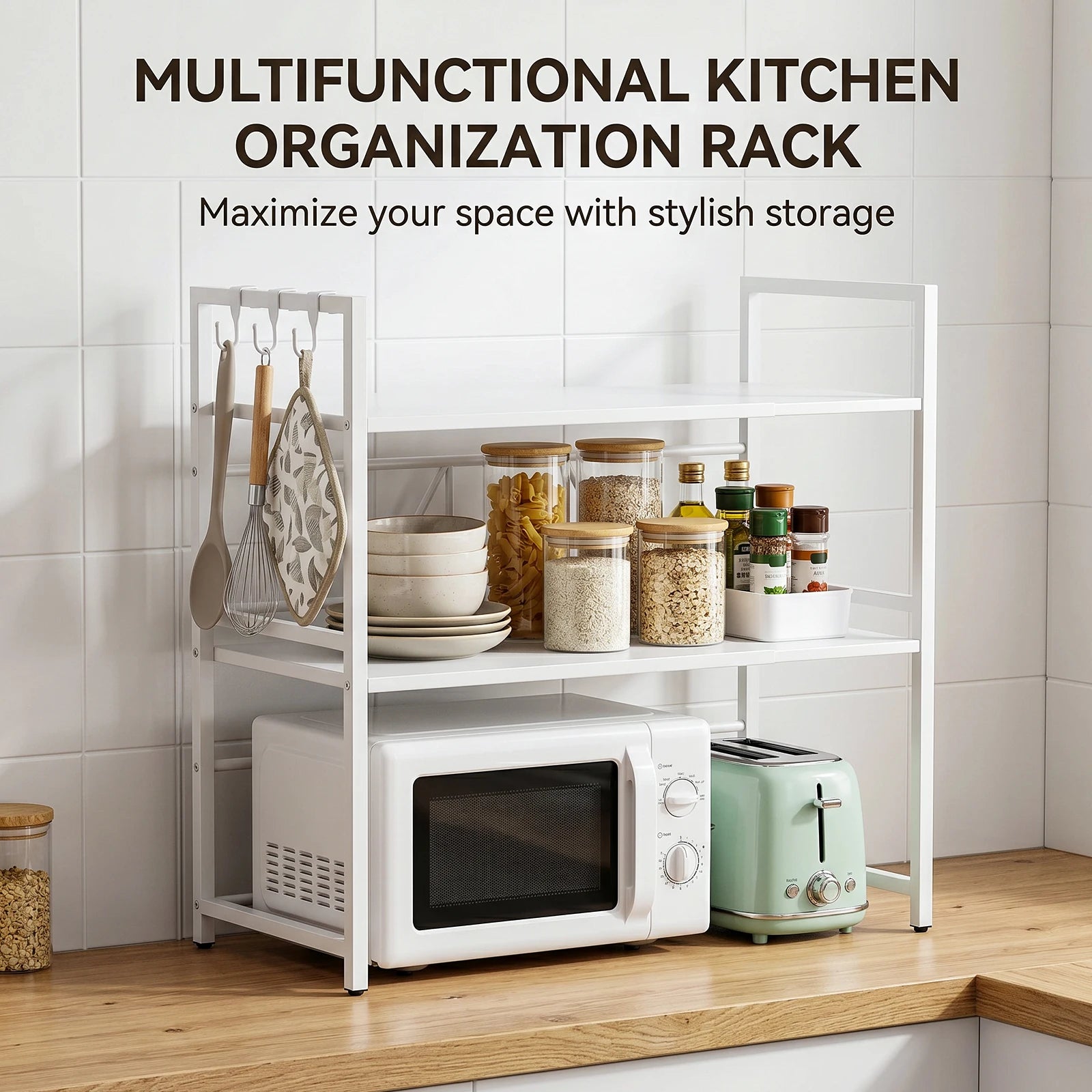 3-Tier Microwave Oven Rack Shelf Kitchen Countertop Oven Rack Expandable Seasoning Storage Rack Stand Storage Tableware Racks
